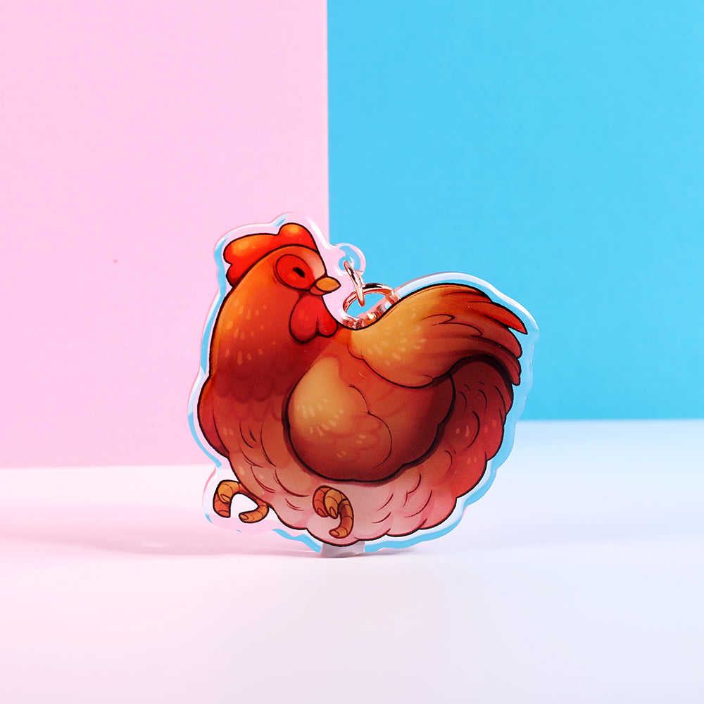 Porte-clés en acrylique avec breloque en forme de poulet | Double face