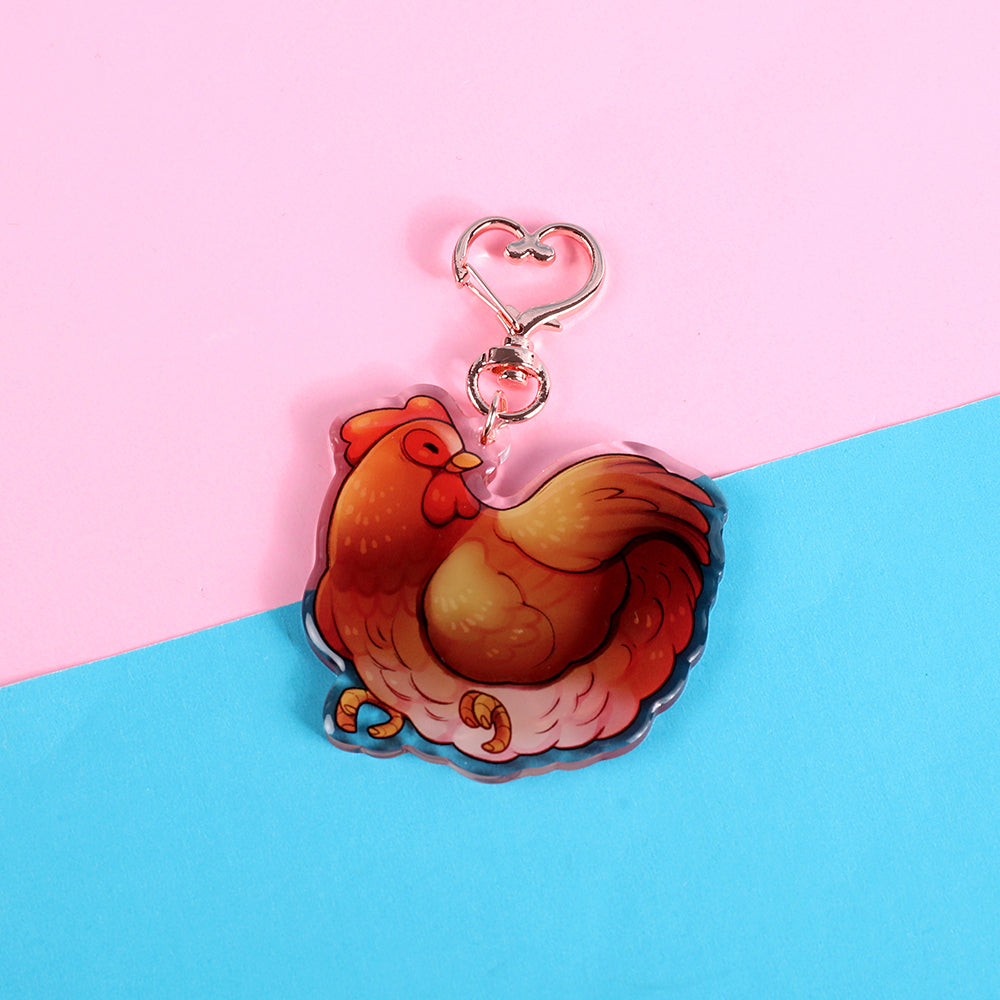 Porte-clés en acrylique avec breloque en forme de poulet | Double face