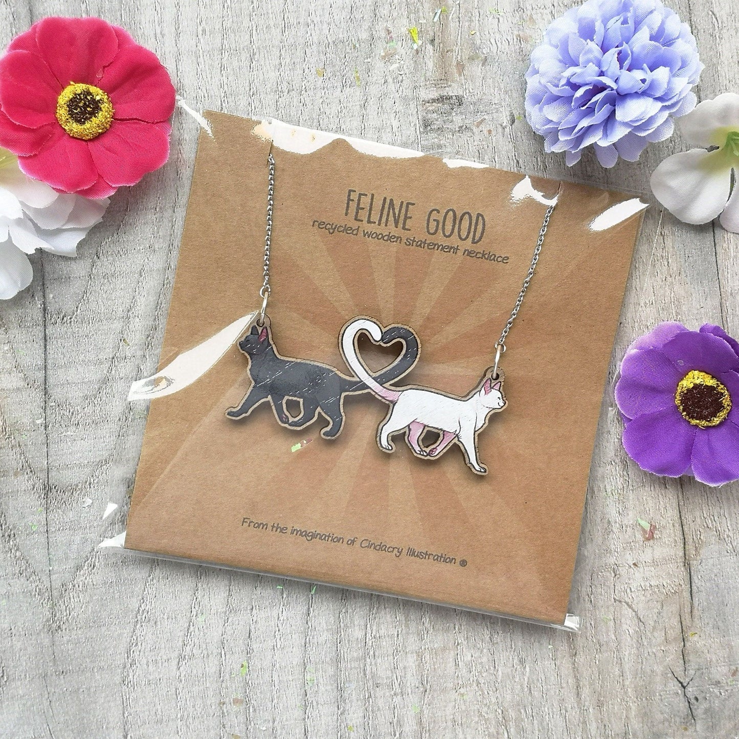 Feline Good | Kitsch Cat Statement Wooden Necklace | Cottagecore Rockabilly Recycled Fun Jewellery