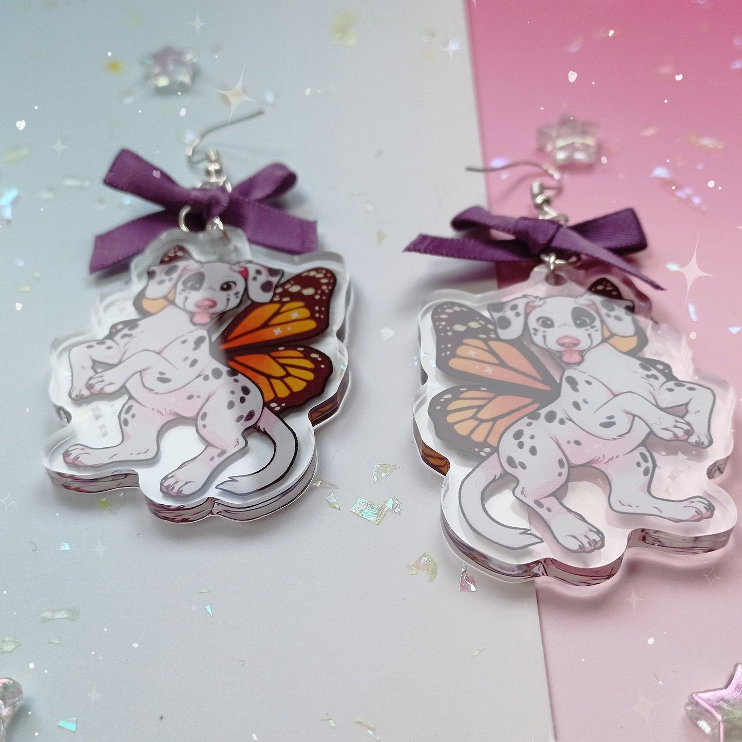 Pendientes de hada cachorro dálmata con dije acrílico