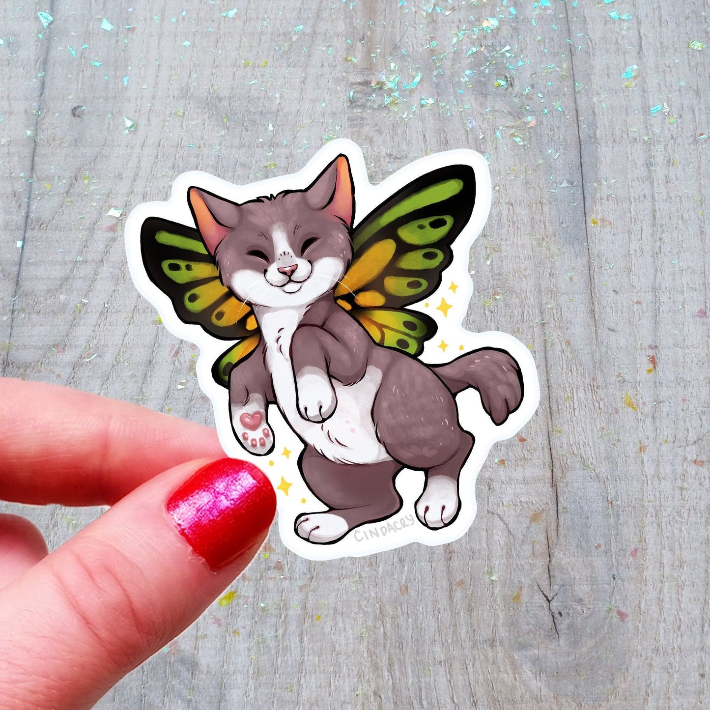 Pegatina de vinilo con diseño de hada y gatito gecko dálmata