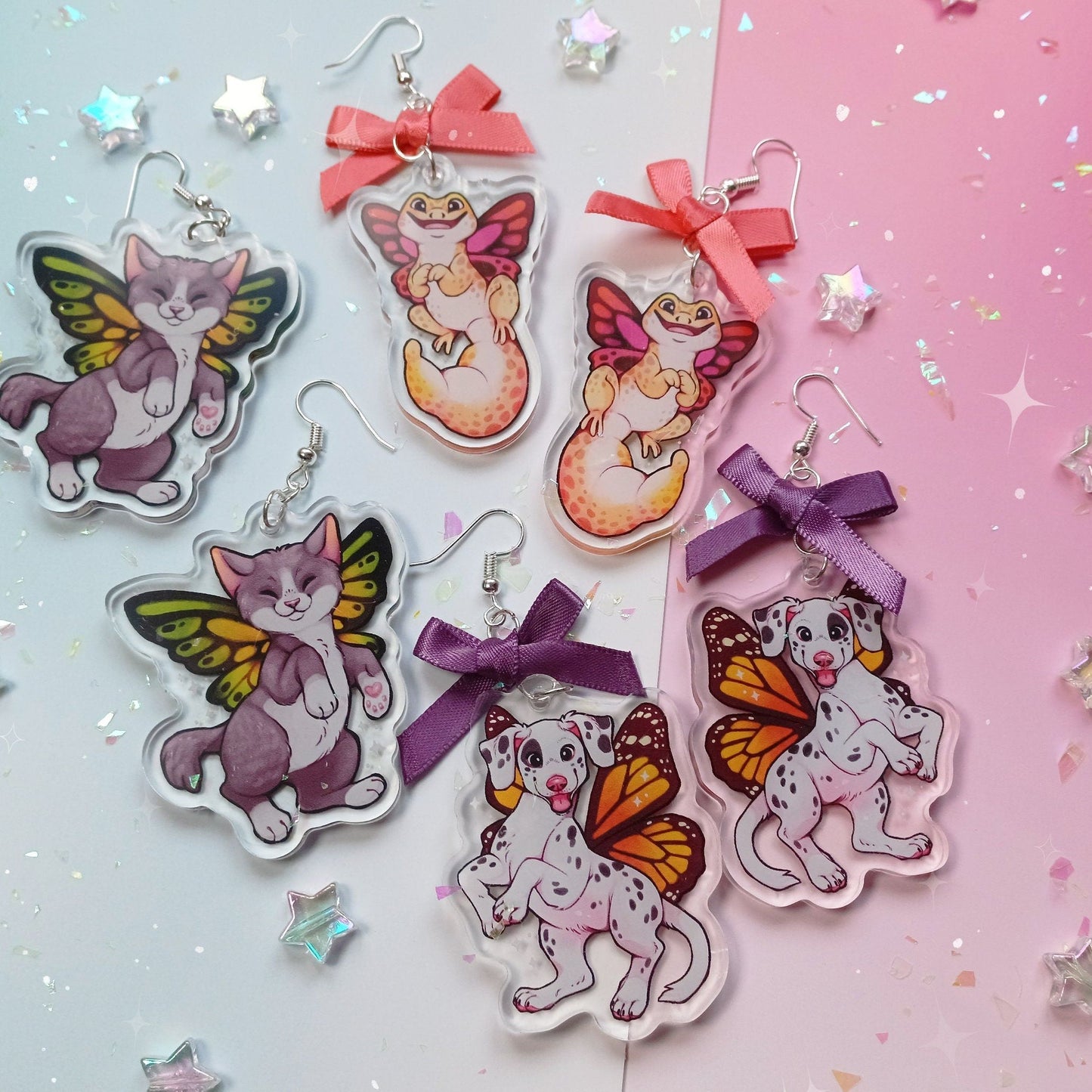 Pendientes de hada y gatito con dije acrílico