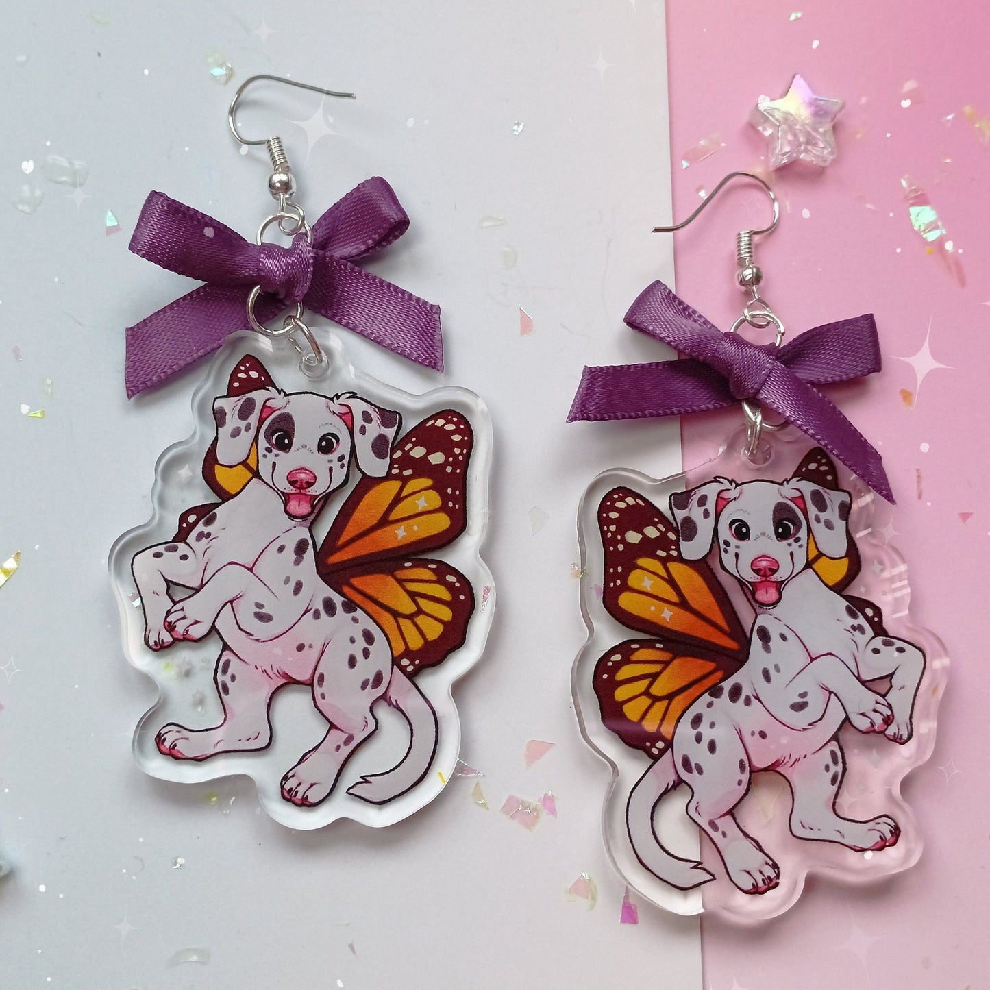 Pendientes de hada cachorro dálmata con dije acrílico