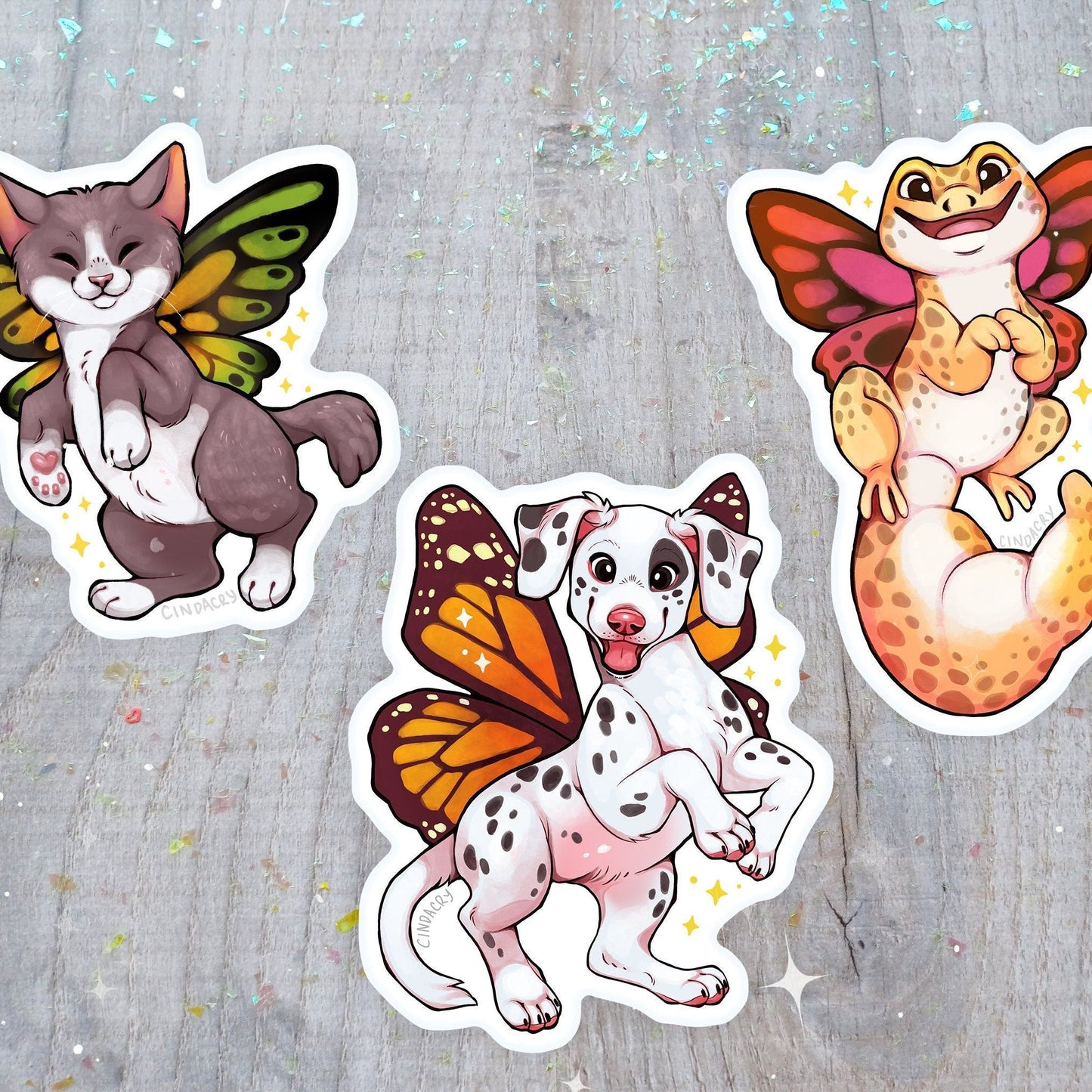 Pegatina de vinilo con diseño de hada y gatito gecko dálmata