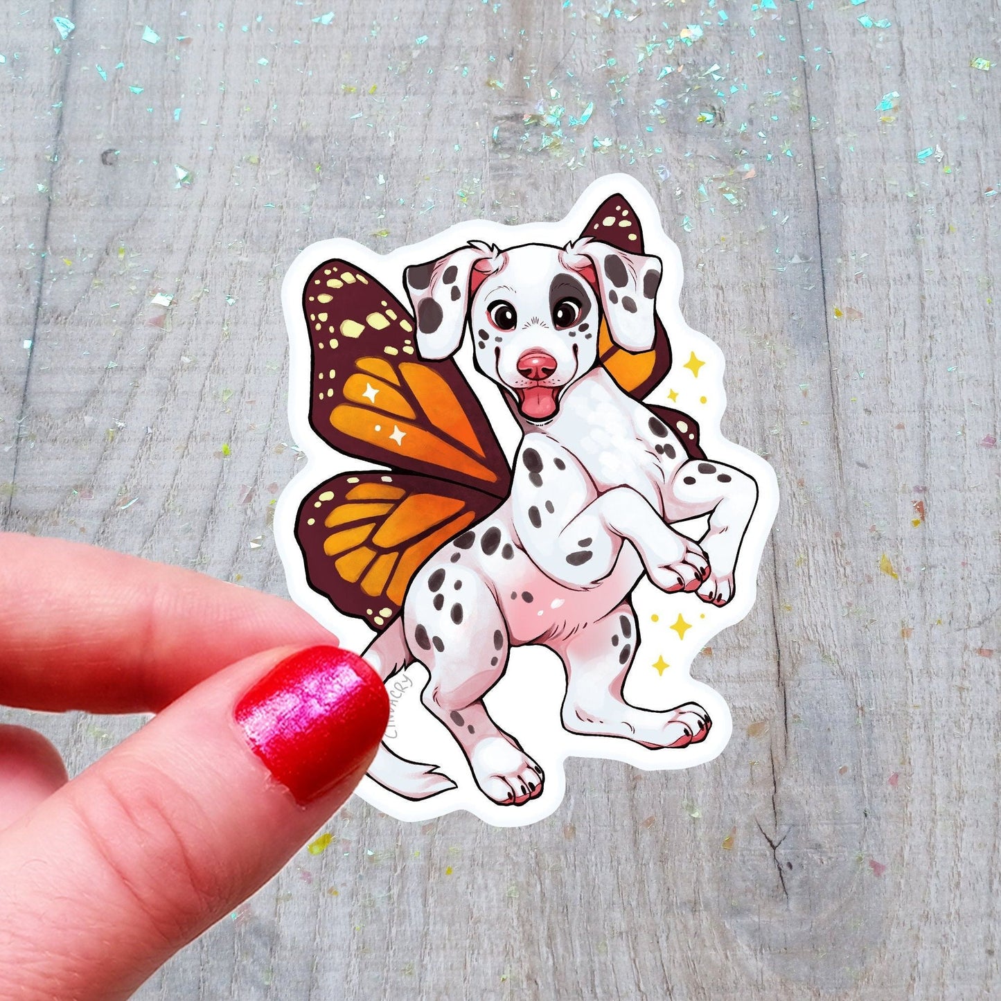 Pegatina de vinilo con diseño de hada y gatito gecko dálmata