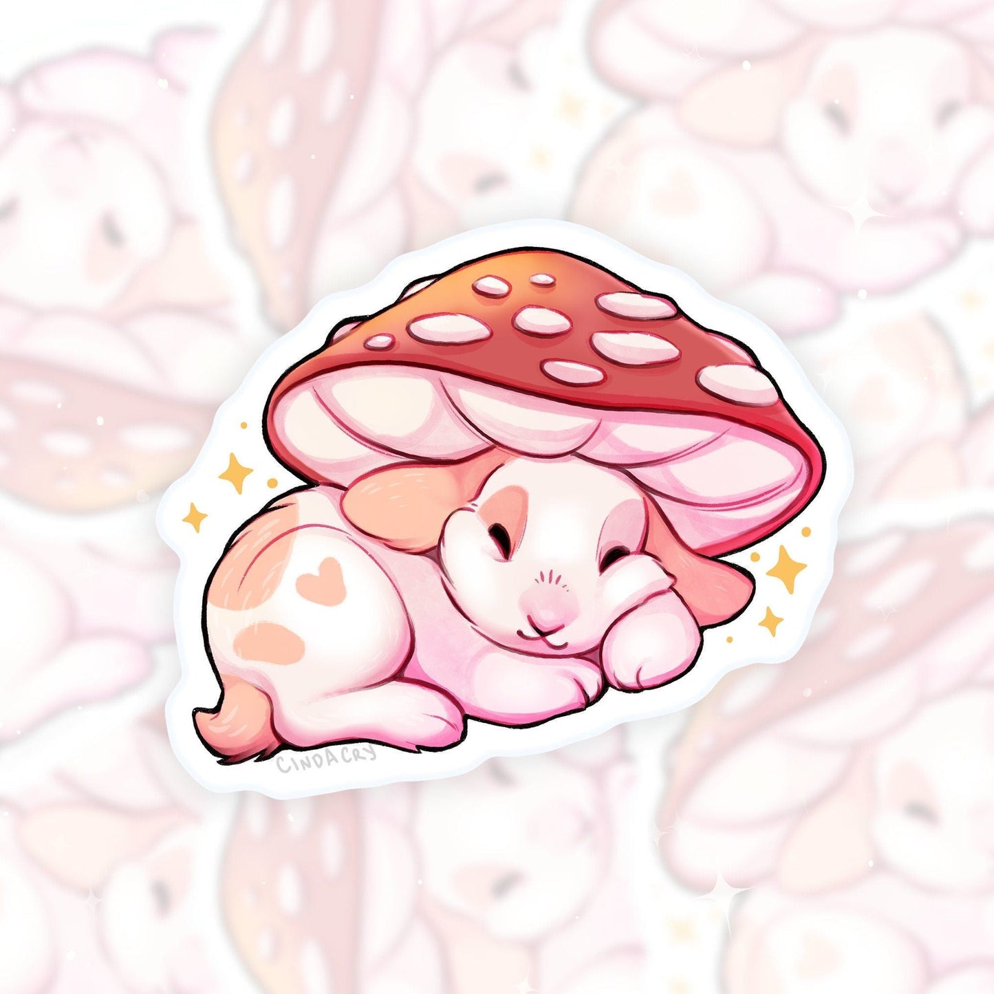 Pegatina de vinilo con forma de conejito de setas soñoliento