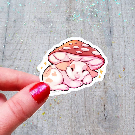 Pegatina de vinilo con forma de conejito de setas soñoliento