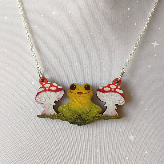 Collar de madera con diseño de rana y hongo | Joyas divertidas recicladas de estilo kitsch cottagecore rockabilly