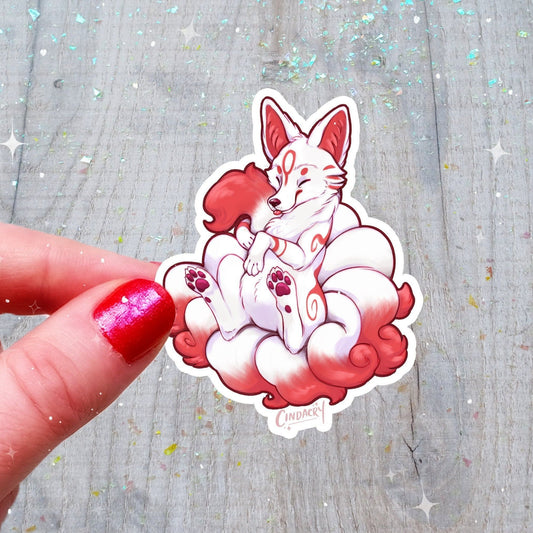 Pegatina holográfica de Kitsune, adorable zorro de nueve colas con arcoíris holográfico y críptica