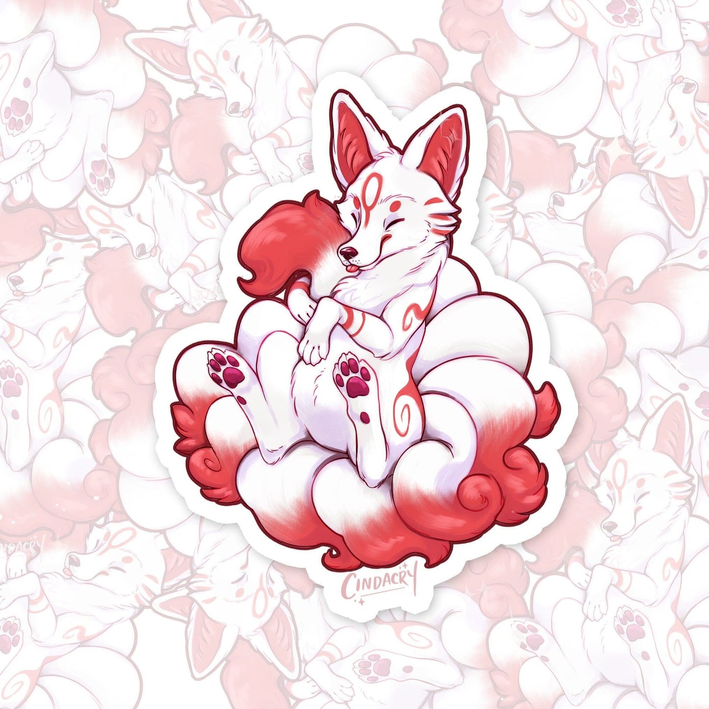 Pegatina holográfica de Kitsune, adorable zorro de nueve colas con arcoíris holográfico y críptica