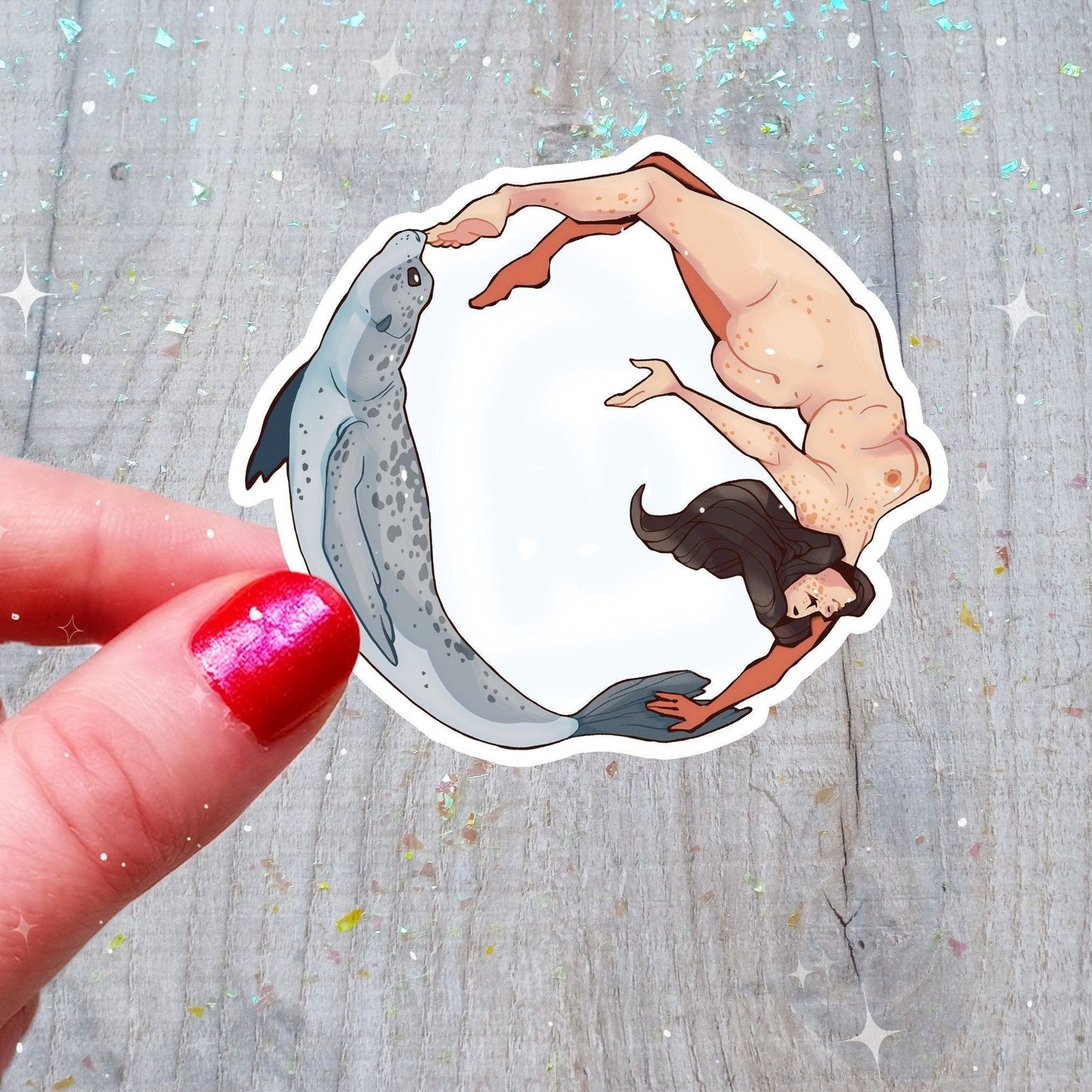 Pegatina holográfica Selkie con diseño de arcoíris cripta y holográfica kawaii