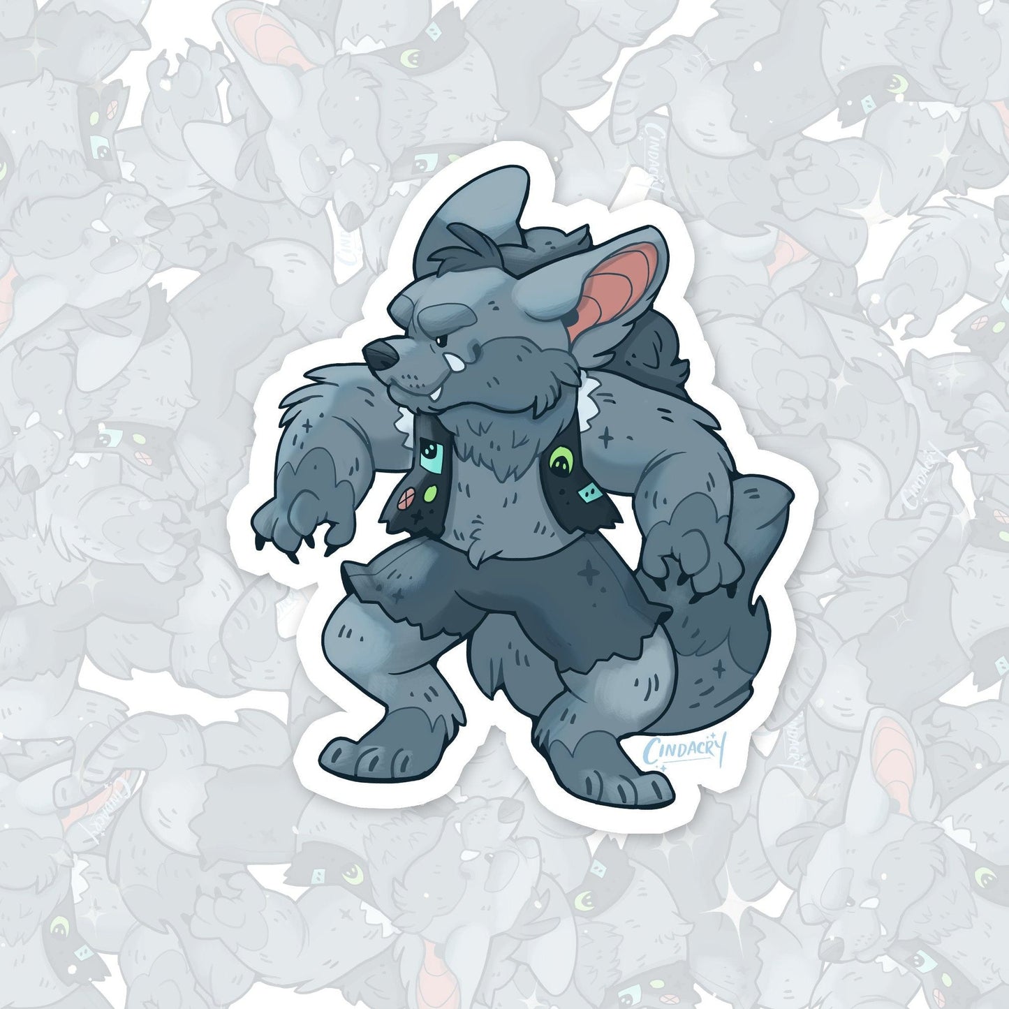 Pegatina holográfica de hombre lobo, linda pegatina holográfica kawaii, arcoíris críptica