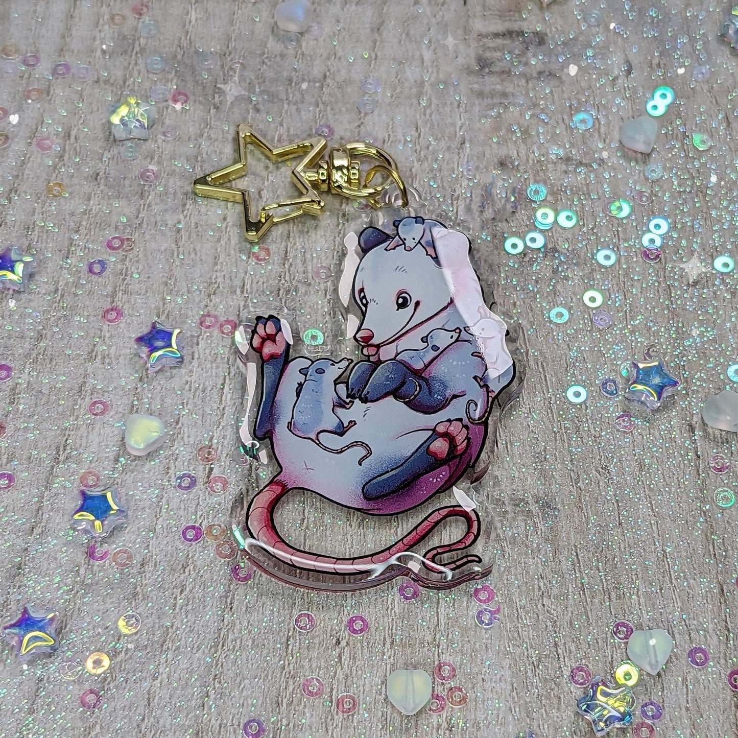 Porte-clés à breloque en acrylique Possum Momma Opossum Mum Babies Cute | Double face