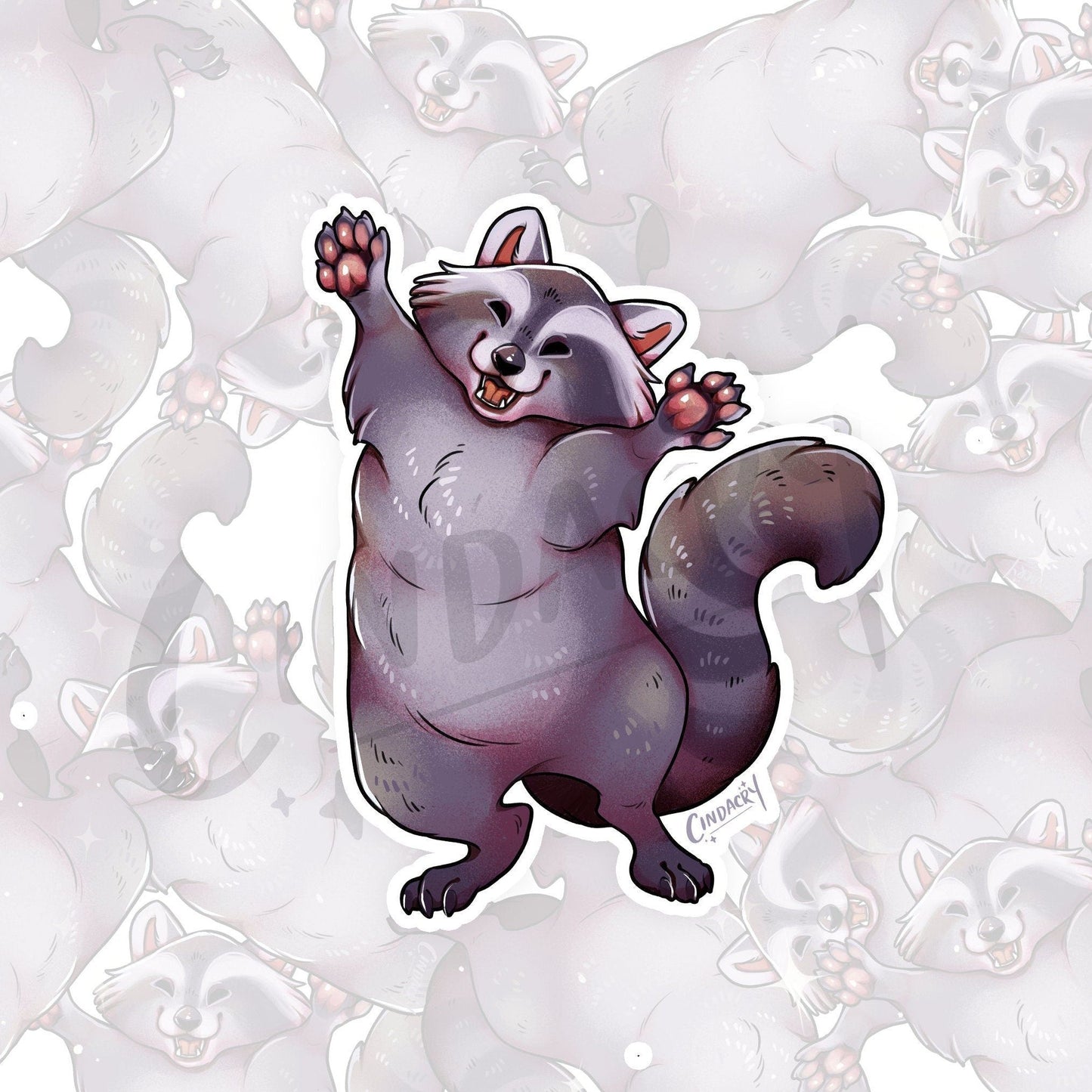 Pegatina de mapache con purpurina holográfica y panda de basura