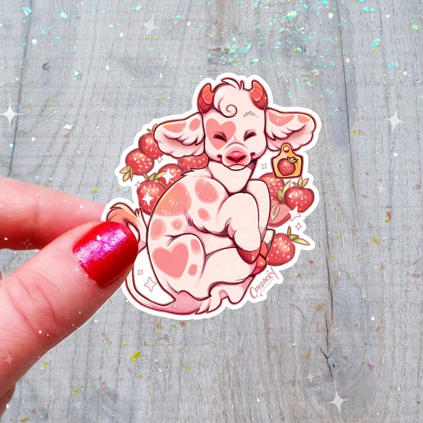 Strawberry Cow Sticker Holographic Glitter