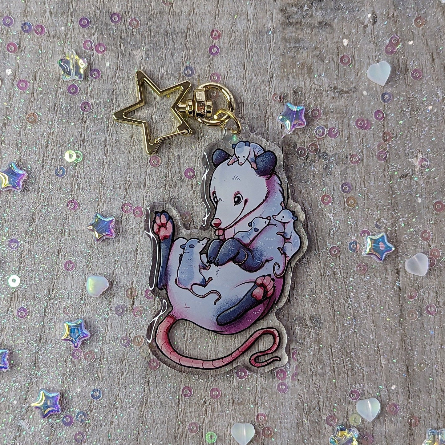 Porte-clés à breloque en acrylique Possum Momma Opossum Mum Babies Cute | Double face