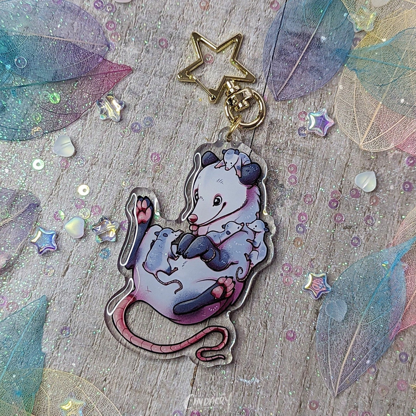 Porte-clés à breloque en acrylique Possum Momma Opossum Mum Babies Cute | Double face