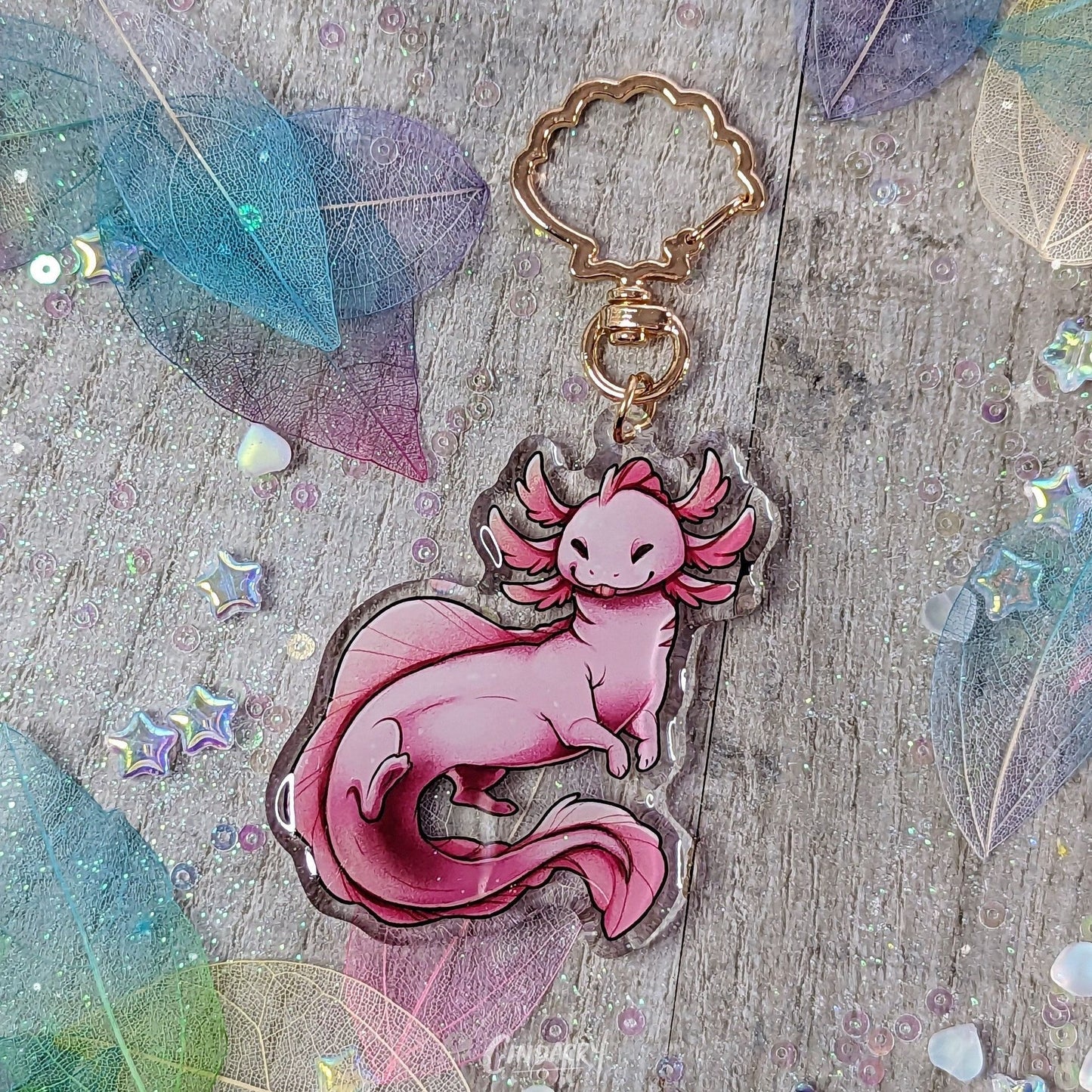 Porte-clés en acrylique avec breloque Axolotl | Double face