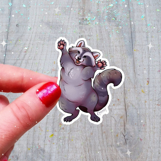 Pegatina de mapache con purpurina holográfica y panda de basura