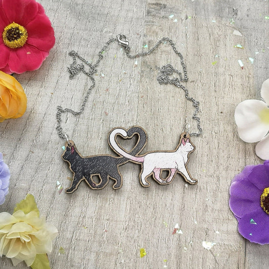 Collier en bois avec motif chat félin | Bijoux recyclés amusants de style rockabilly cottagecore