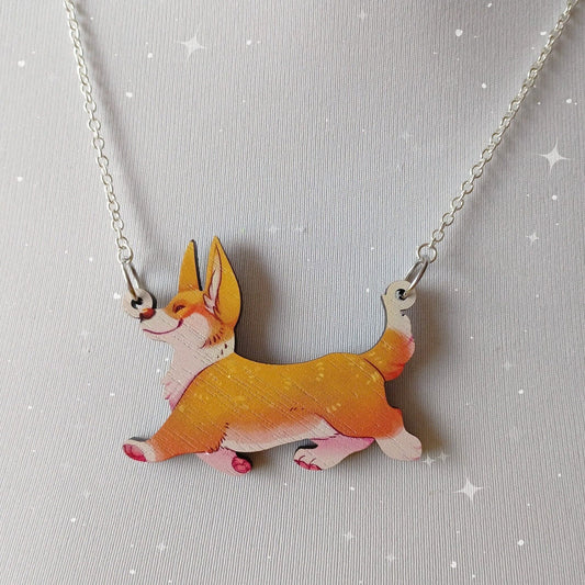 Collier en bois avec inscription « Corgi Dog » | Bijoux amusants recyclés Kitsch Cottagecore Rockabilly