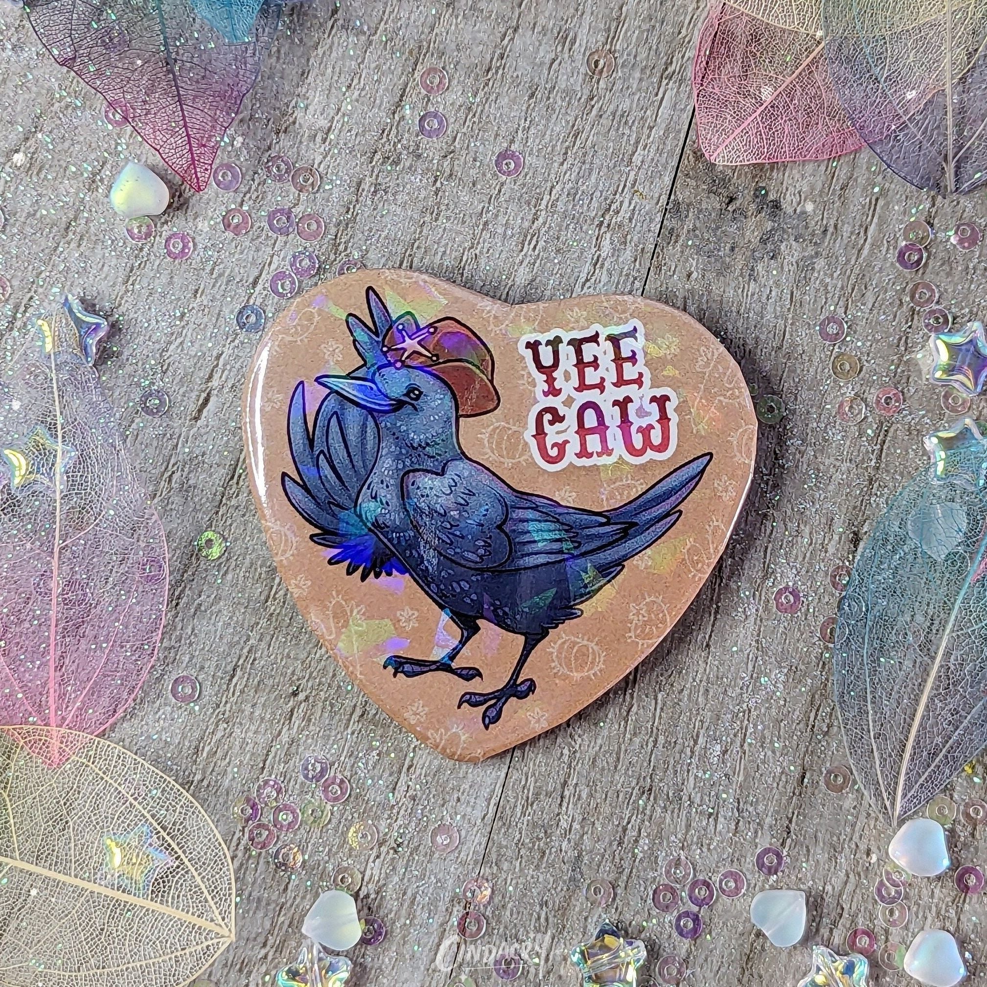 Yeecaw Yee Caw! Cowboy Crow Holographic Tin Badge – Cindacry Illustrations